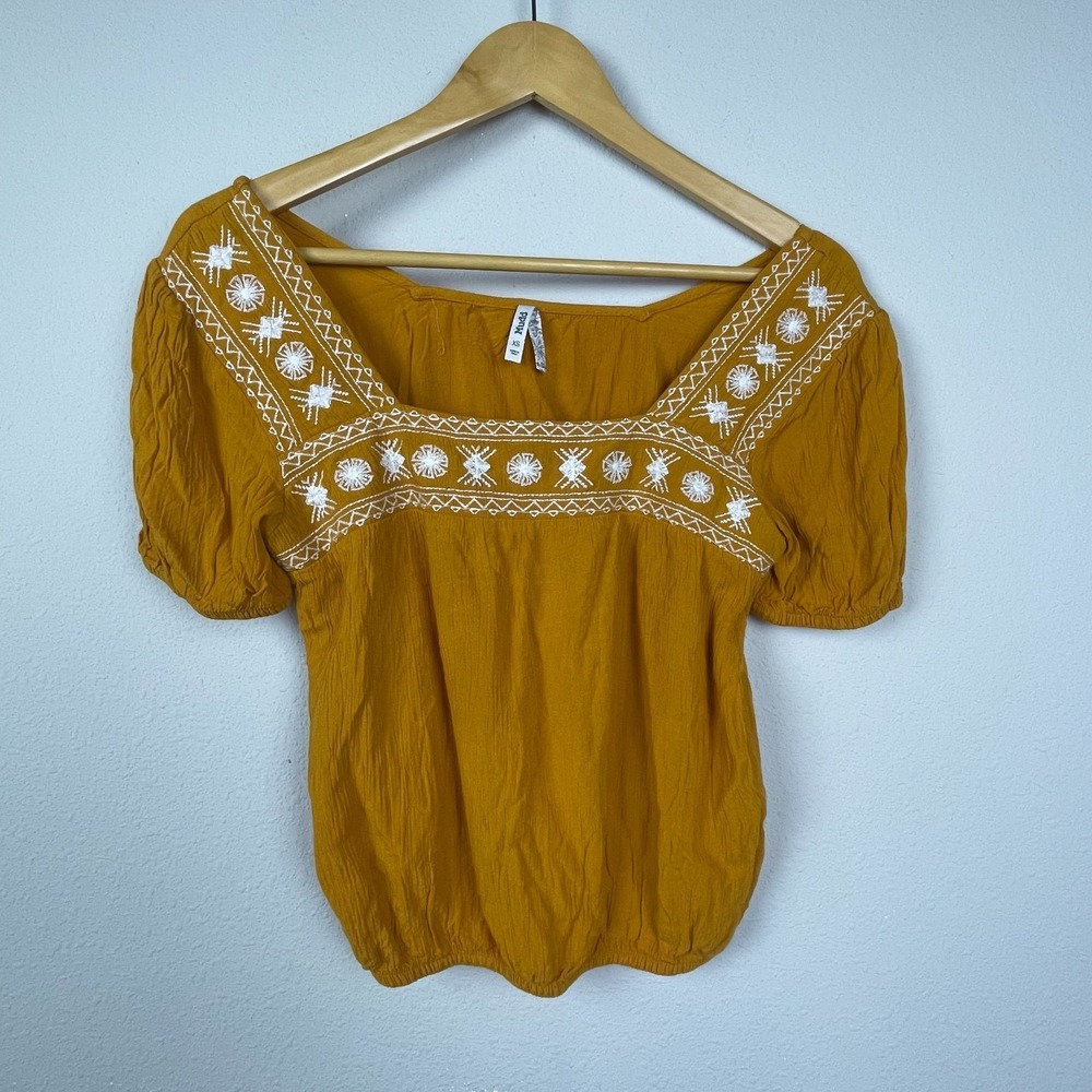 Mudd Orange Embroidered Square Neck Crinkle‎ Top XS Rayon Cottagecore Boho
